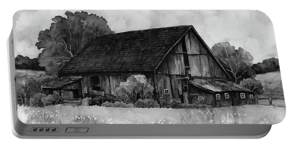 Barn Portable Battery Charger featuring the painting This Old Barn in Black and White by Hailey E Herrera