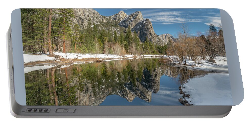 Yosemite Portable Battery Charger featuring the photograph Three Brothers Winter Reflection by Kenneth Everett