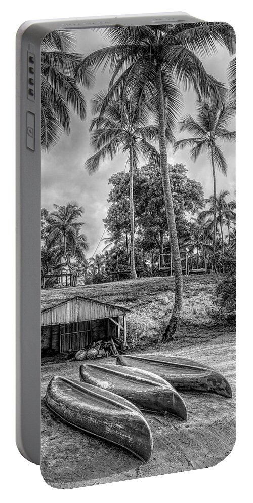 African Portable Battery Charger featuring the photograph Three Canoes on the Beach in Black and White by Debra and Dave Vanderlaan