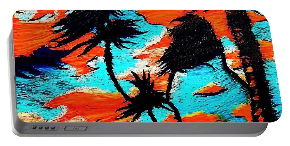 Acrylic Portable Battery Charger featuring the painting Three Palms Painting acrylic 8x10 canvas panel florida keys palette knife alla prima impressionism landscape art background beach beautiful blue coconut coconut palm trees design drawing holiday by N Akkash