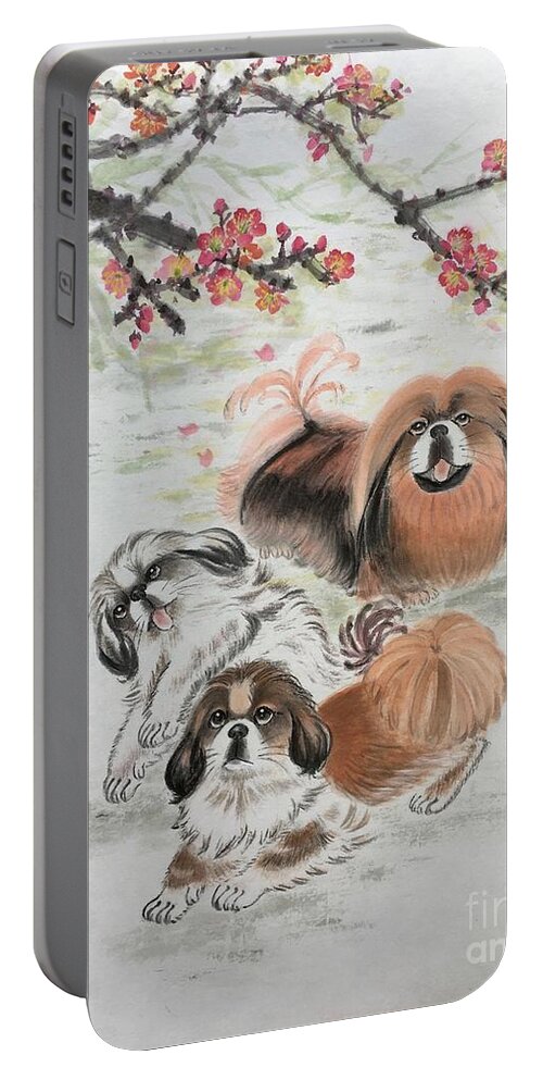 Pekes Portable Battery Charger featuring the painting Three Pekes in a Pod - 2 by Carmen Lam