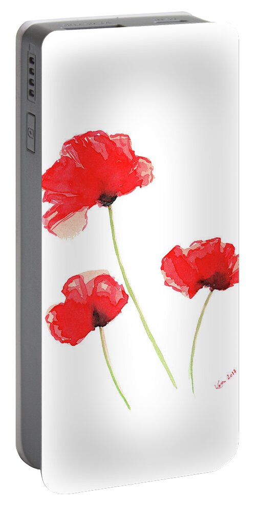 Poppy Portable Battery Charger featuring the painting Three red poppies by Karen Kaspar