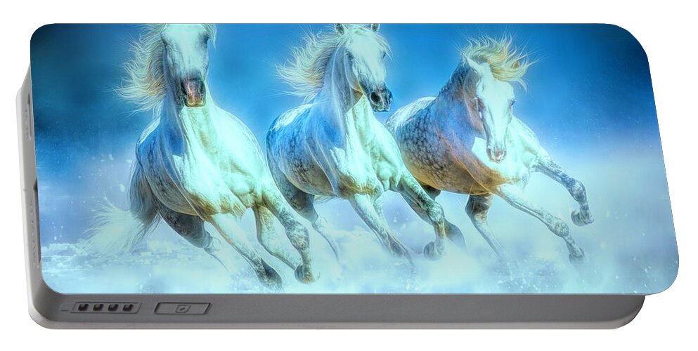 Three Running Horses Portable Battery Charger featuring the digital art Three Running Horses - blue flare by Steve Ladner