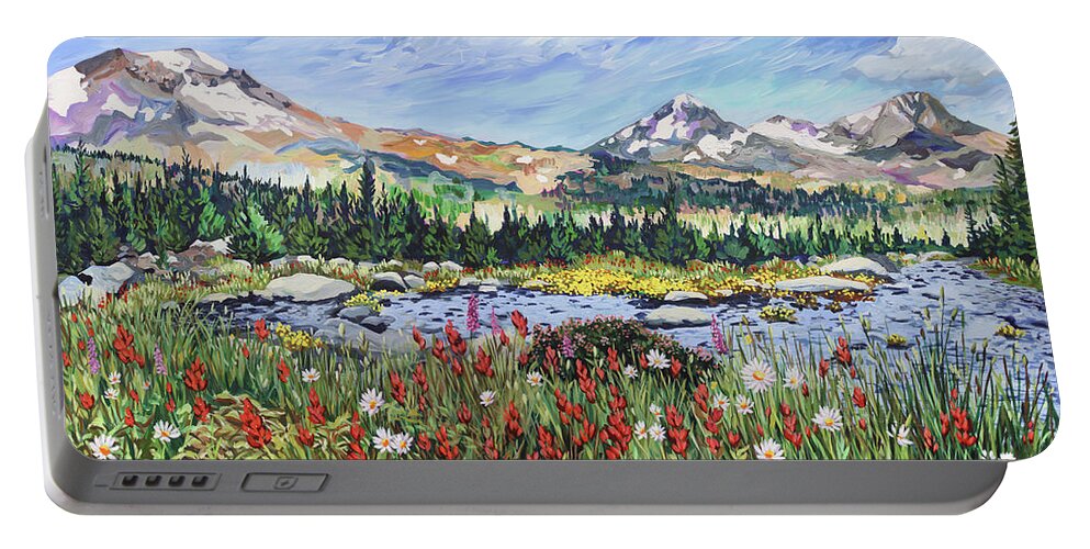Oregon Portable Battery Charger featuring the painting Three Sisters Paradise by Anisa Asakawa