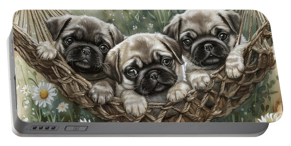 Pug Portable Battery Charger featuring the painting Three Snug Pugs by Tina LeCour