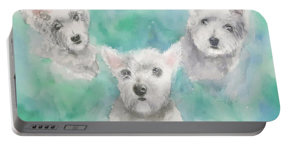Westies Portable Battery Charger featuring the painting Three Westies by Debbie Lewis