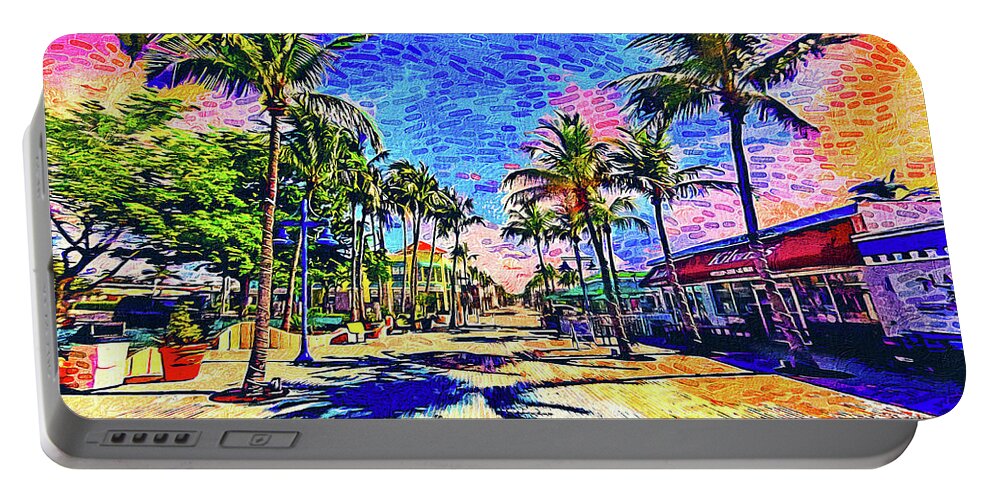 Fort Myers Portable Battery Charger featuring the digital art Times Square, Fort Myers, at sunrise - impressionist painting by Nicko Prints
