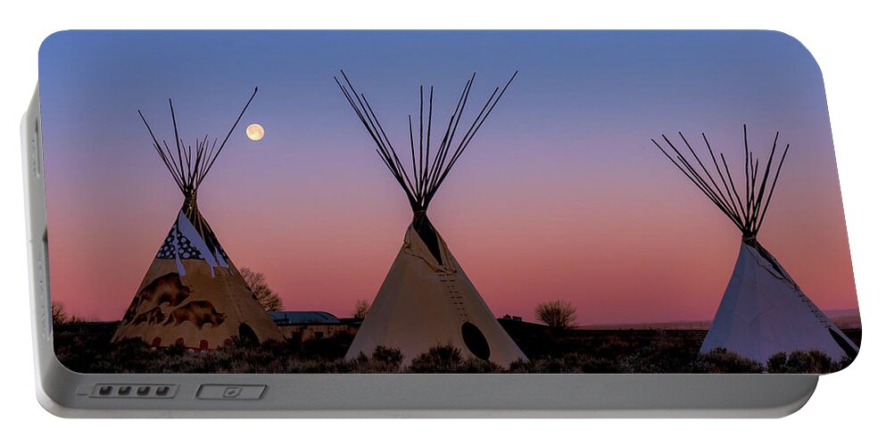 Taos Portable Battery Charger featuring the photograph Tipis with Morning Full Worm Moon by Elijah Rael