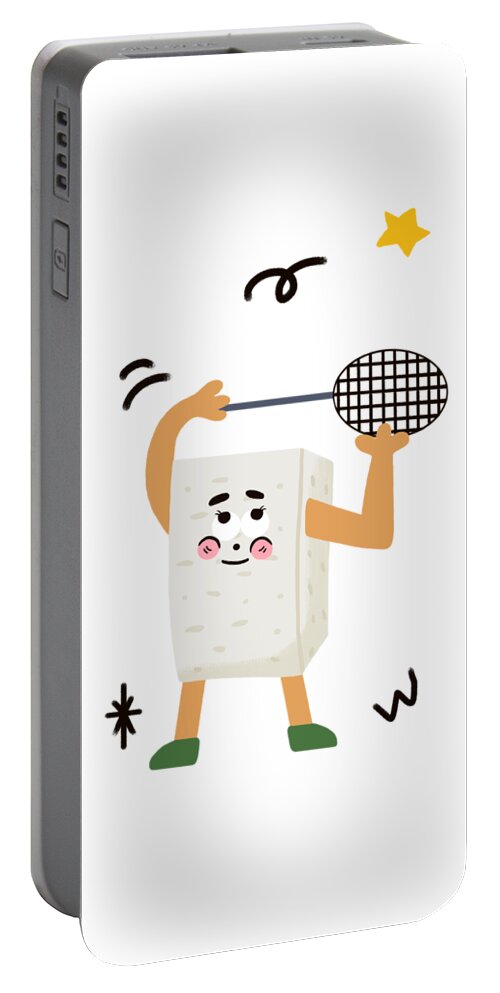 Tofu，bean Curd Portable Battery Charger featuring the drawing Tofu loves playing badminton by Min Fen Zhu