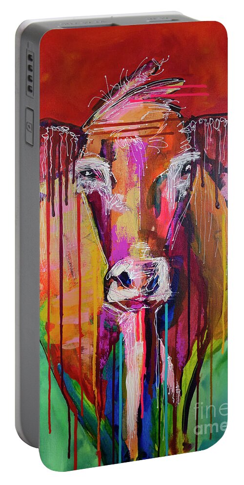 Cow Portable Battery Charger featuring the painting Too Moo for Yoo III by Robin Valenzuela
