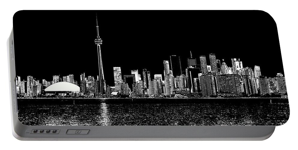 Toronto Portable Battery Charger featuring the digital art Toronto Ontario Canada Black and white Skyline Photo 187 by Lucie Dumas