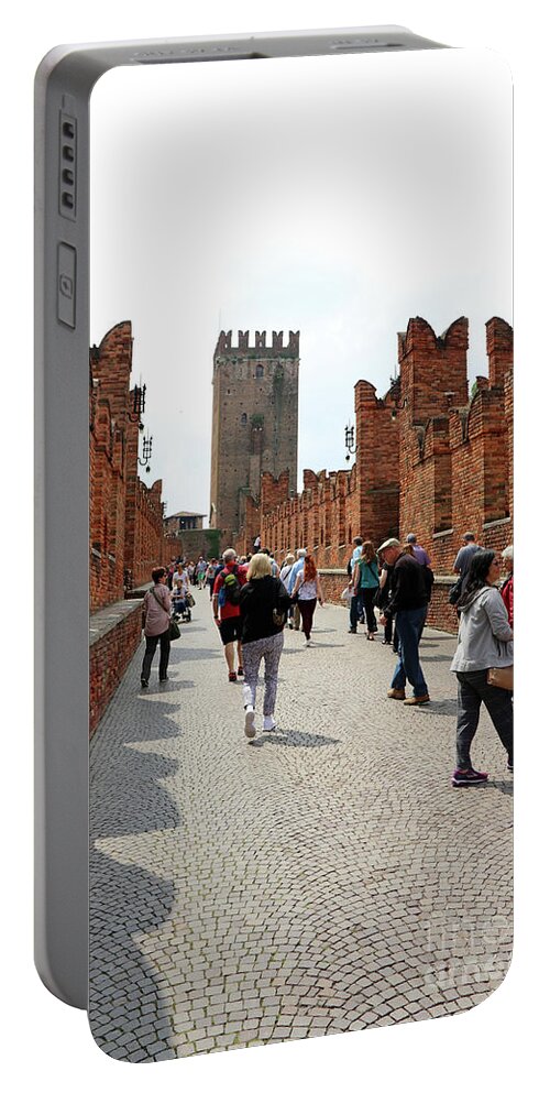 Tourists Portable Battery Charger featuring the photograph Tourists Crossing Ponte di Castelvecchio Verona Italy 8486 by Jack Schultz