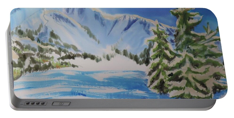 Landscape Portable Battery Charger featuring the painting Towering Pines by Mary Gorman
