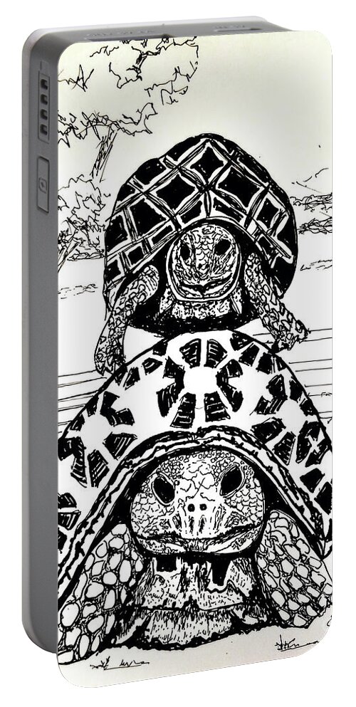 Pen Portable Battery Charger featuring the drawing Towering turtles by Eileen Kelly