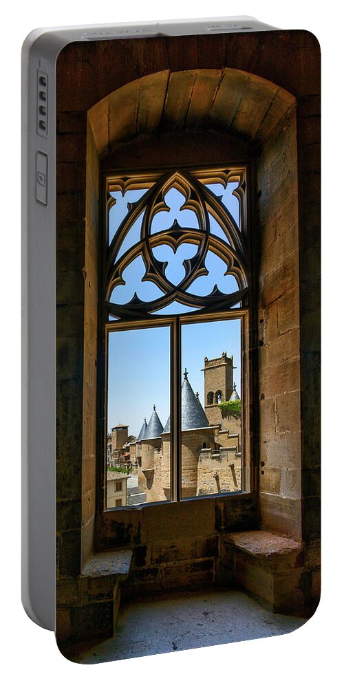 Ornate Portable Battery Charger featuring the photograph Tower's ornate window by Micah Offman