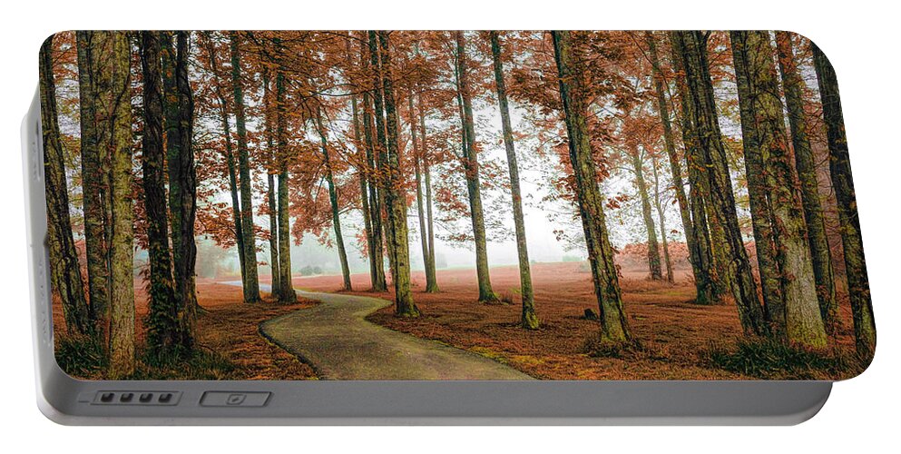 Carolina Portable Battery Charger featuring the photograph Trail into the Autumn Fog by Debra and Dave Vanderlaan