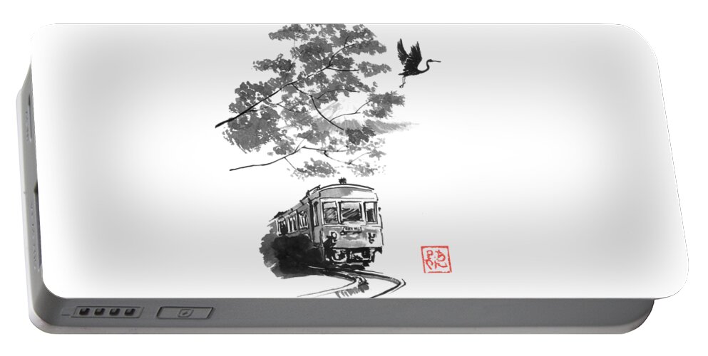 Cat Portable Battery Charger featuring the drawing Train, Stork And Fuji by Pechane Sumie