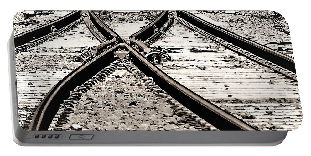 Train Tracks Rr Rail Road Stone B&w Portable Battery Charger featuring the photograph Train Tracks2 by John Linnemeyer