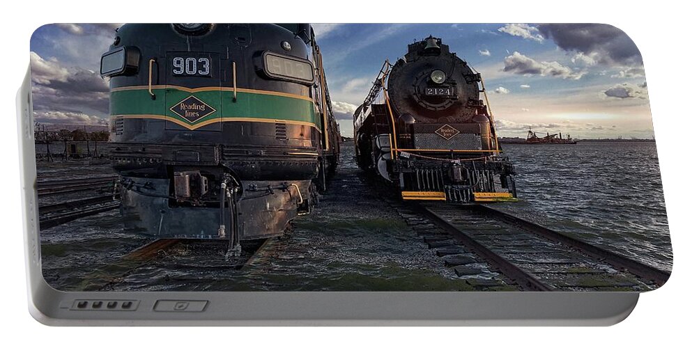 Train Portable Battery Charger featuring the photograph Trains, Red Hook Waterfront in Brooklyn by Carol Whaley Addassi