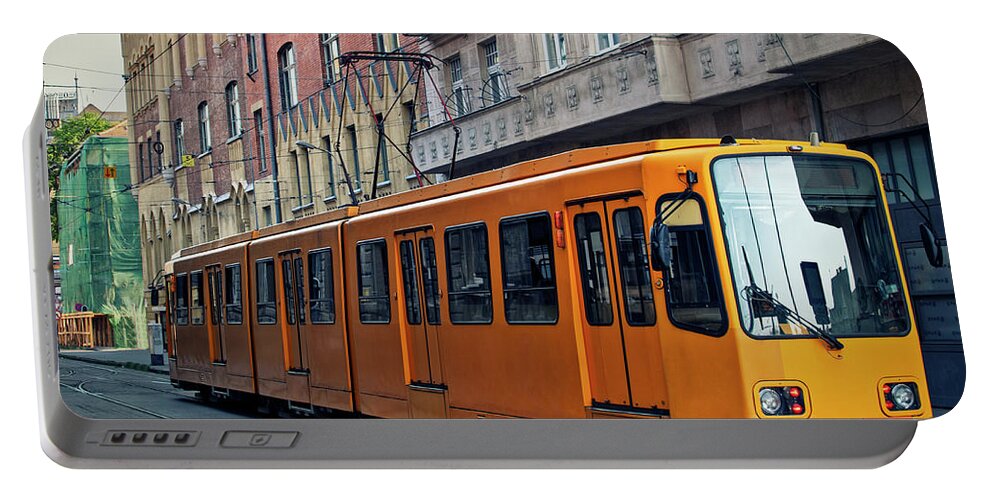 Tram Portable Battery Charger featuring the photograph Tram in Budapest at the starting tram station by Mendelex Photography