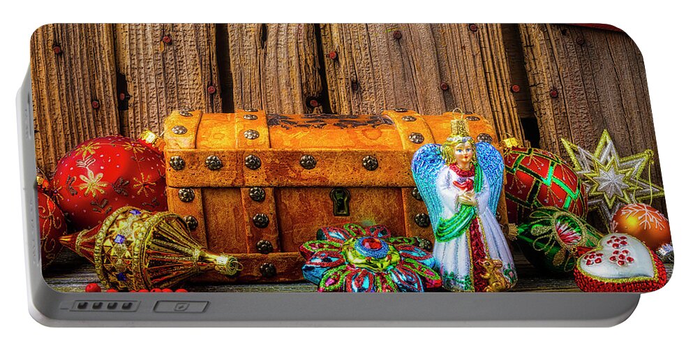 Abundance Red Fancy Portable Battery Charger featuring the photograph treasure Box And Christmas Ornaments by Garry Gay