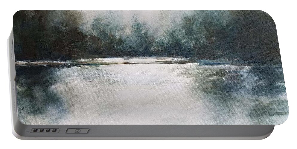  Portable Battery Charger featuring the painting Tree lined Lake by Caroline Philp