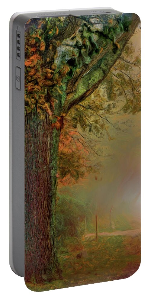 Fog Portable Battery Charger featuring the photograph Tree On A Foggy Road by Cordia Murphy
