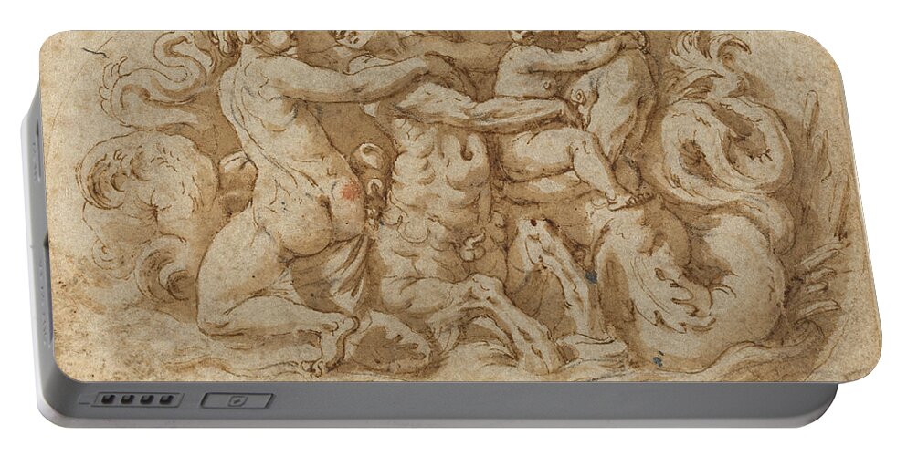 Attributed To Pellegrino Tibaldi Portable Battery Charger featuring the drawing Tritons and Nymphs by Attributed to Pellegrino Tibaldi