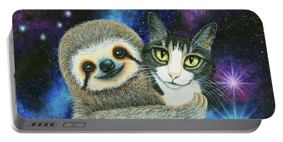 Tabby Cat Portable Battery Charger featuring the painting Trixie and Her Sloth Friend - Tabby Cat Galaxy by Carrie Hawks