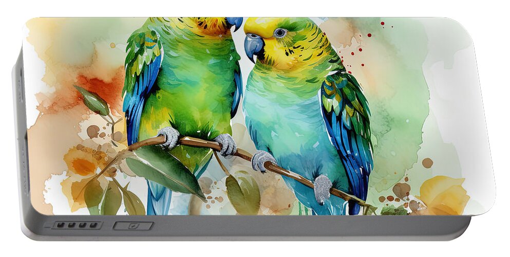 Colorful Parakeet Art Portable Battery Charger featuring the painting Tropical Brilliance - Budgerigar Birds by Lourry Legarde