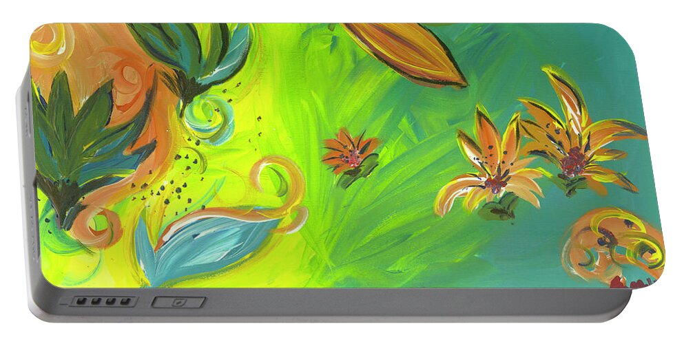 Tropical Portable Battery Charger featuring the painting Tropical Flower Swirls by Britt Miller