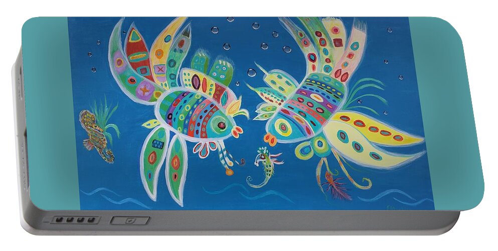 Kissing Fish Portable Battery Charger featuring the painting Tropical Kisses by Elizabeth Mauldin