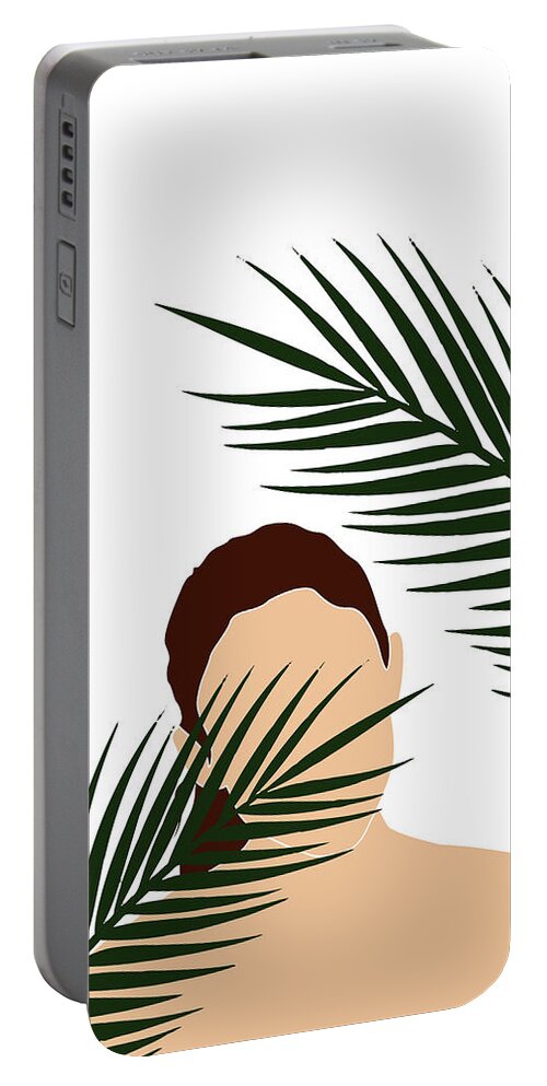 Tropical Portable Battery Charger featuring the mixed media Tropical Reverie 16 - Modern, Minimal Illustration - Girl and Palm Leaves - Aesthetic Tropical Vibes by Studio Grafiikka