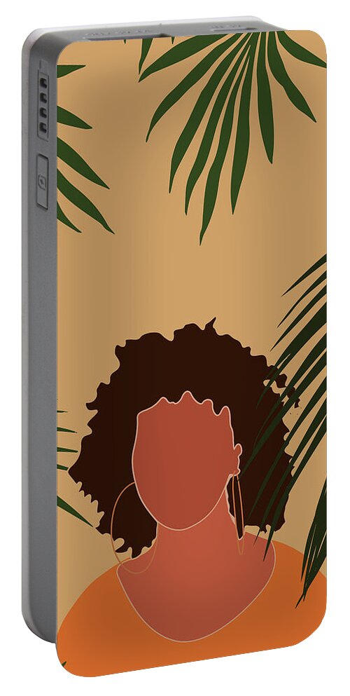 Tropical Reverie Portable Battery Charger featuring the mixed media Tropical Reverie - Modern Minimal Illustration 06 - Girl, Palm Leaves - Tropical Aesthetic - Brown by Studio Grafiikka