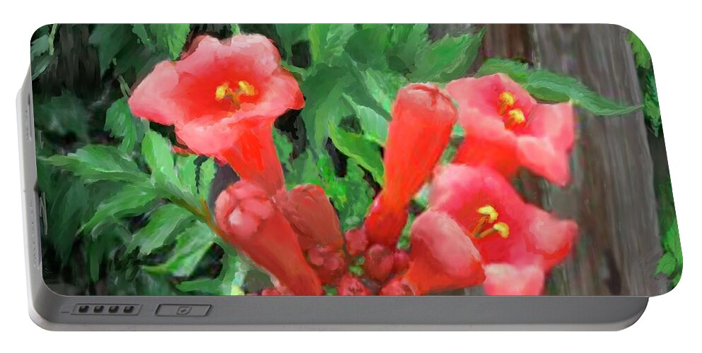  Reds & Greens Portable Battery Charger featuring the digital art Trumpet Vine Trailing over the Fence by Marilyn Cullingford