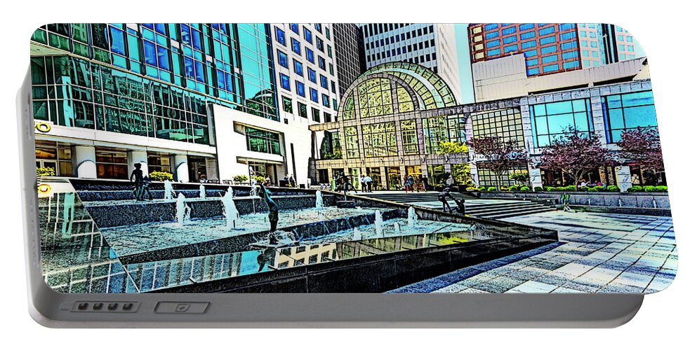Architectural-photographer-charlotte Portable Battery Charger featuring the digital art Tryon Street - Uptown Charlotte by SnapHappy Photos