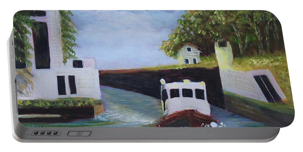 Canal Portable Battery Charger featuring the painting Tugboat on the Erie Canal by Monika Shepherdson