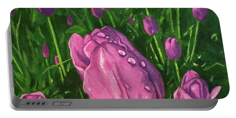  Portable Battery Charger featuring the painting Tulip Garden by Sarra Elgammal
