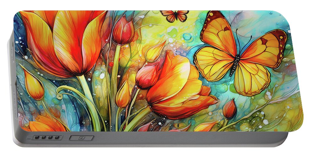 Tulip Flowers Portable Battery Charger featuring the painting Tulips And Butterflies by Tina LeCour