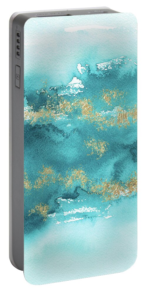 Turquoise Blue Portable Battery Charger featuring the painting Turquoise Blue, Gold And Aquamarine by Garden Of Delights