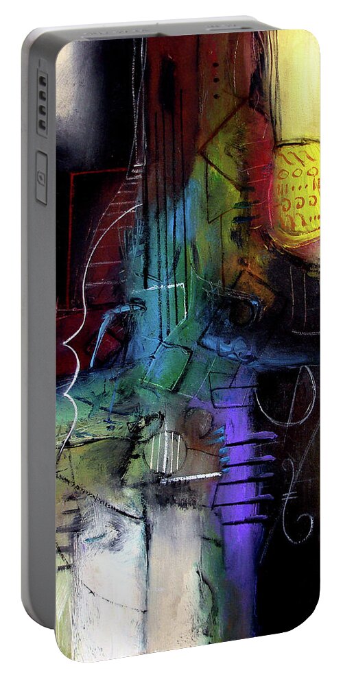 Abstract Portable Battery Charger featuring the painting Turquoise Jazz by Jim Stallings
