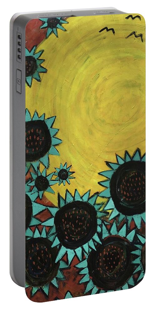 Sun Portable Battery Charger featuring the painting Turquoise Sunflowers by Cyndie Katz
