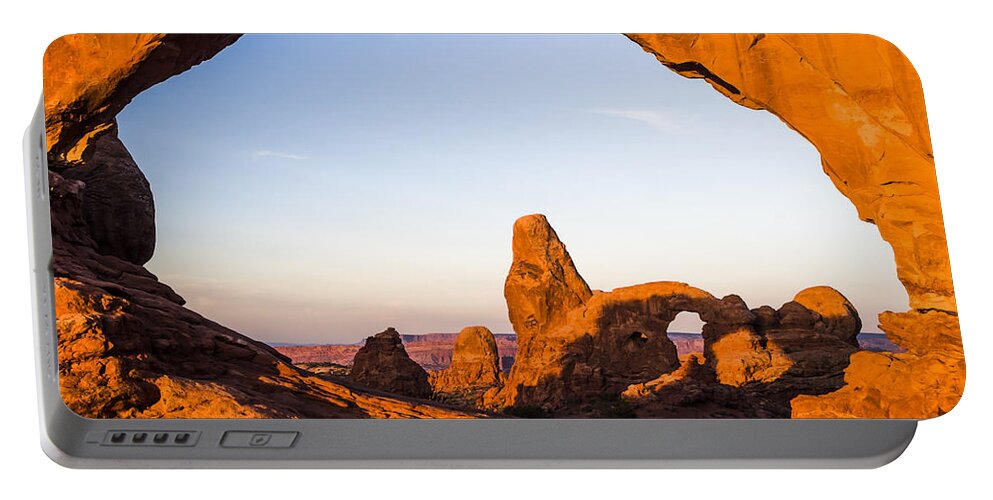 3scape Portable Battery Charger featuring the photograph Turret Arch at Sunrise by Adam Romanowicz
