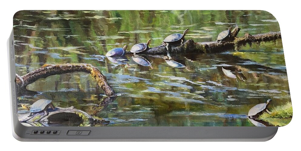 Lake Portable Battery Charger featuring the painting Turtle Town by Judy Rixom