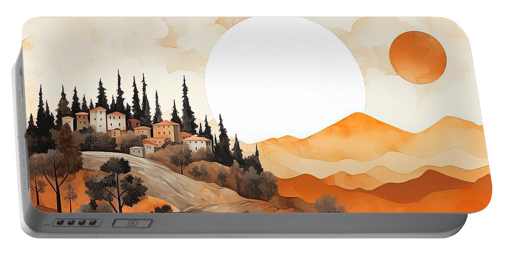 Orange Art Portable Battery Charger featuring the painting Tuscan Sunset Serenade by Lourry Legarde