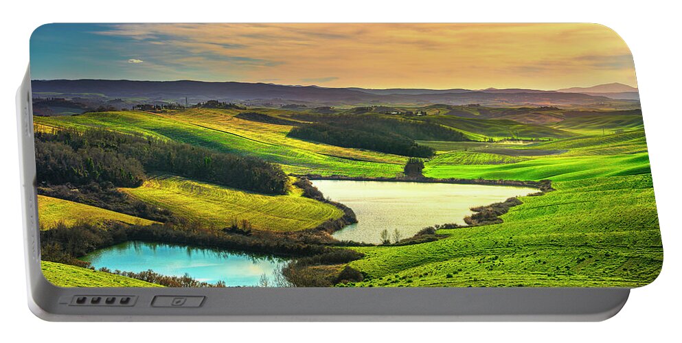 Tuscany Portable Battery Charger featuring the photograph Tuscany, small lakes and rural landscape on sunset, Siena Italy. by Stefano Orazzini