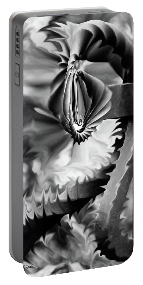 Black And White Portable Battery Charger featuring the photograph Twisted Metal by Shara Abel