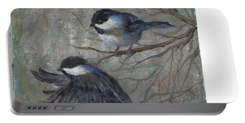Songbird Portable Battery Charger featuring the painting Two Chickadees by Cheri Wollenberg