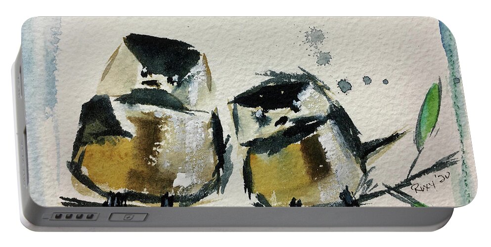 Grand Tit Portable Battery Charger featuring the painting Two Fat Chickadees by Roxy Rich