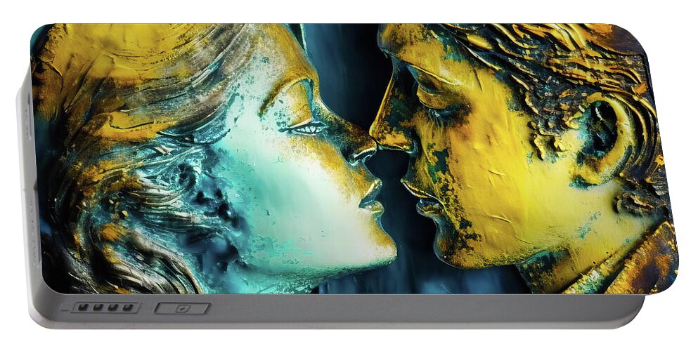 Lovers Portable Battery Charger featuring the digital art Two Lovers 02 Blue and Gold by Matthias Hauser